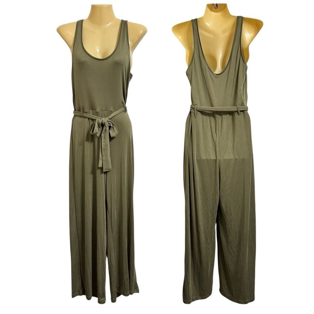 Topshop Ribbed Crop Wide Leg Jumpsuit 8 Olive Green Sleeveless Belted Scoop